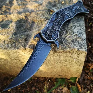 3D Stonewash Folding Knife Fold Knife Dragon Engraved Collection Pocket Survival EDC Tools Outdoor Utility Knife Gift Knife for Man Woman