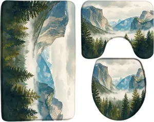 3Pcs Misty Mountain Forest Bath Mat Set Foggy Pine Tree Green Jungle Nature Landscape Rustic Watercolor Art Country Bathroom Mat,Toilet Seat Cover,U-Shaped Mat