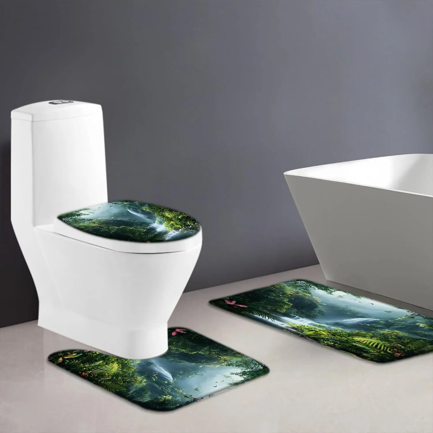 3PCS Rainforest Waterfall Bath Mat Set Tropical Jungle Nature Green Tree Forest Scenery Landscape Stream River Wildlife Bathroom Bath Mat，U-Shaped Contour Rug and Toilet Lid Cover