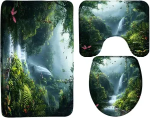 3PCS Rainforest Waterfall Bath Mat Set Tropical Jungle Nature Green Tree Forest Scenery Landscape Stream River Wildlife Bathroom Bath Mat，U-Shaped Contour Rug and Toilet Lid Cover