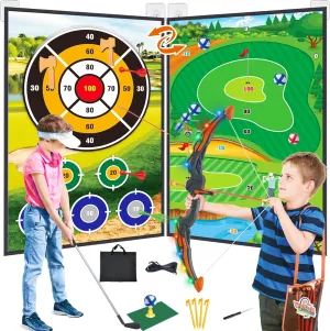 4 in 1 Golf Bow and Arrow Game Mat Set for Kids, Bow and Arrow for Kids with Target, Indoor Golf Games Velcro Chipping, Golf Club, 20 Sticky Balls, Toy Bow, 6 Felt Arrows,Outdoor Toys