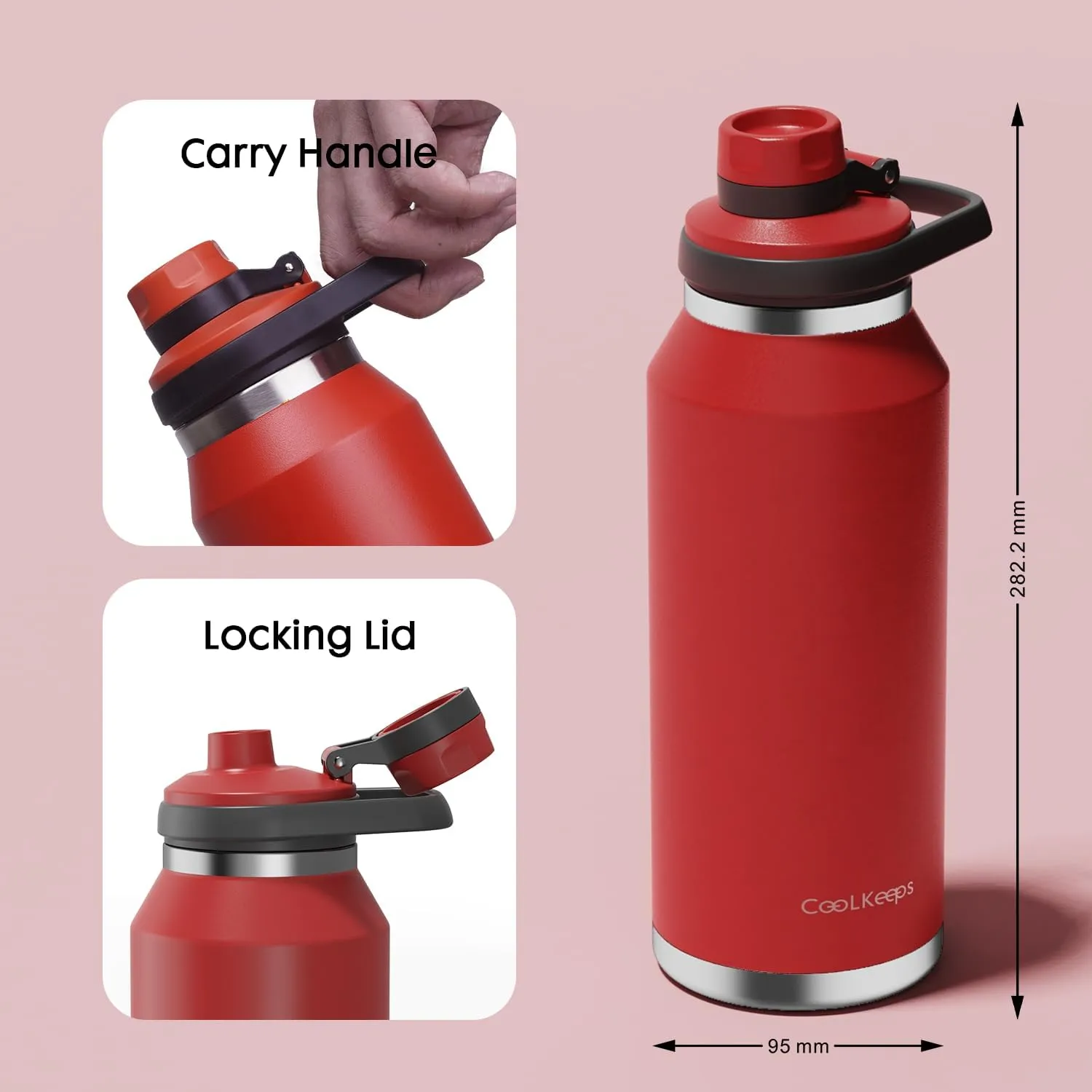 40 oz Insulated Water Bottle, Sports Stainless Steel Water Bottle with Handle Lid Outdoor Wide Mouth Metal Flask (Red)