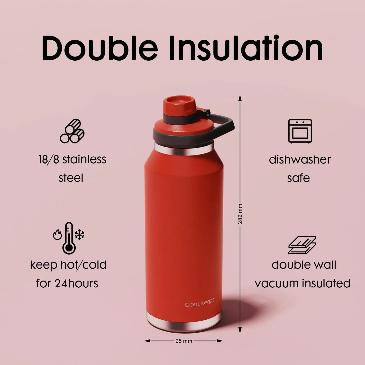 40 oz Insulated Water Bottle, Sports Stainless Steel Water Bottle with Handle Lid Outdoor Wide Mouth Metal Flask (Red)