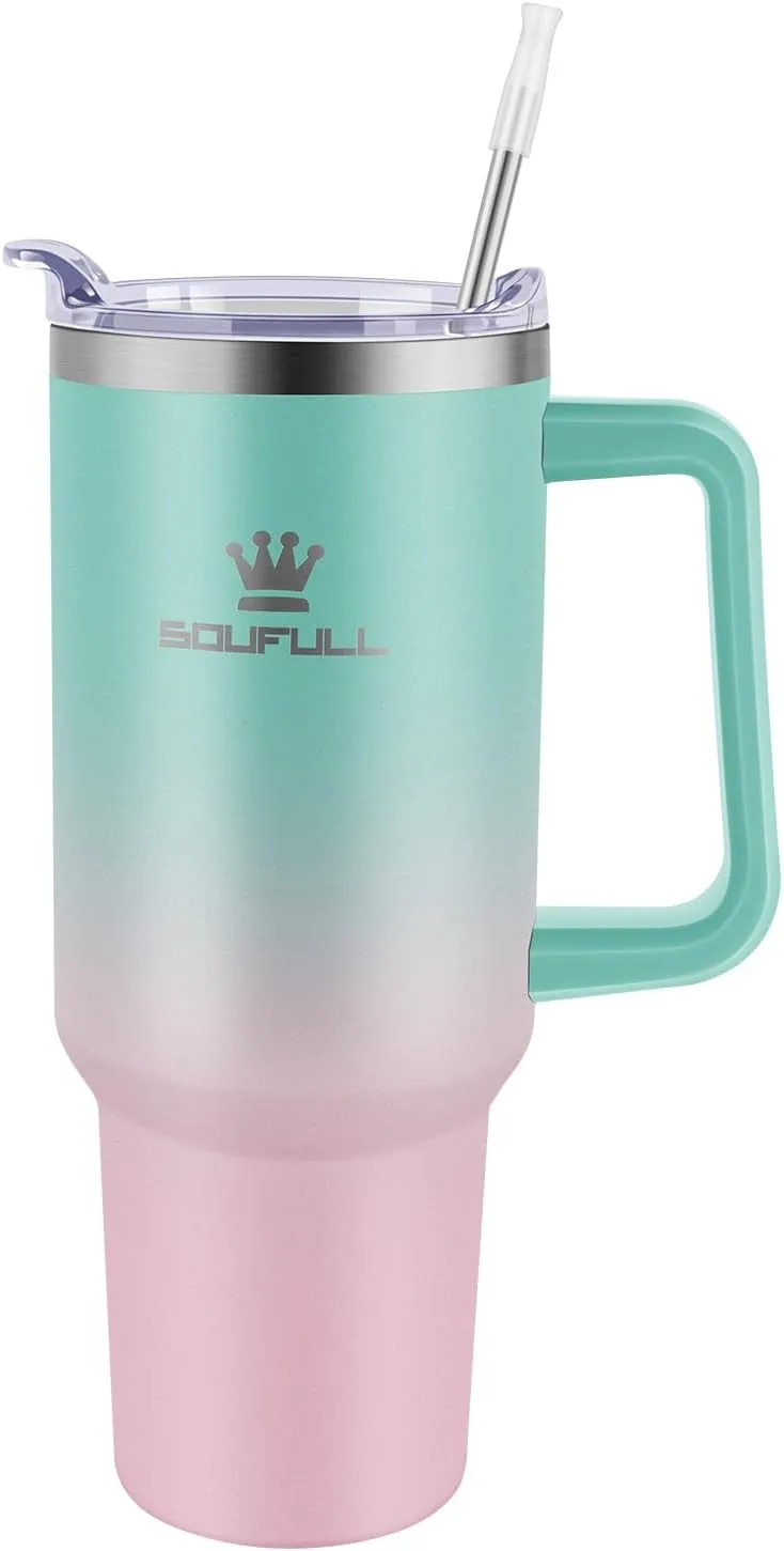 40 oz Tumbler with Handle and Straw Lid, 100% Leak-proof Travel Coffee Mug, Stainless Steel Insulated Cup for Hot Cold Beverages, Keeps Cold for 34Hrs or Hot for 10Hrs, Dishwasher Safe (GreenPink)