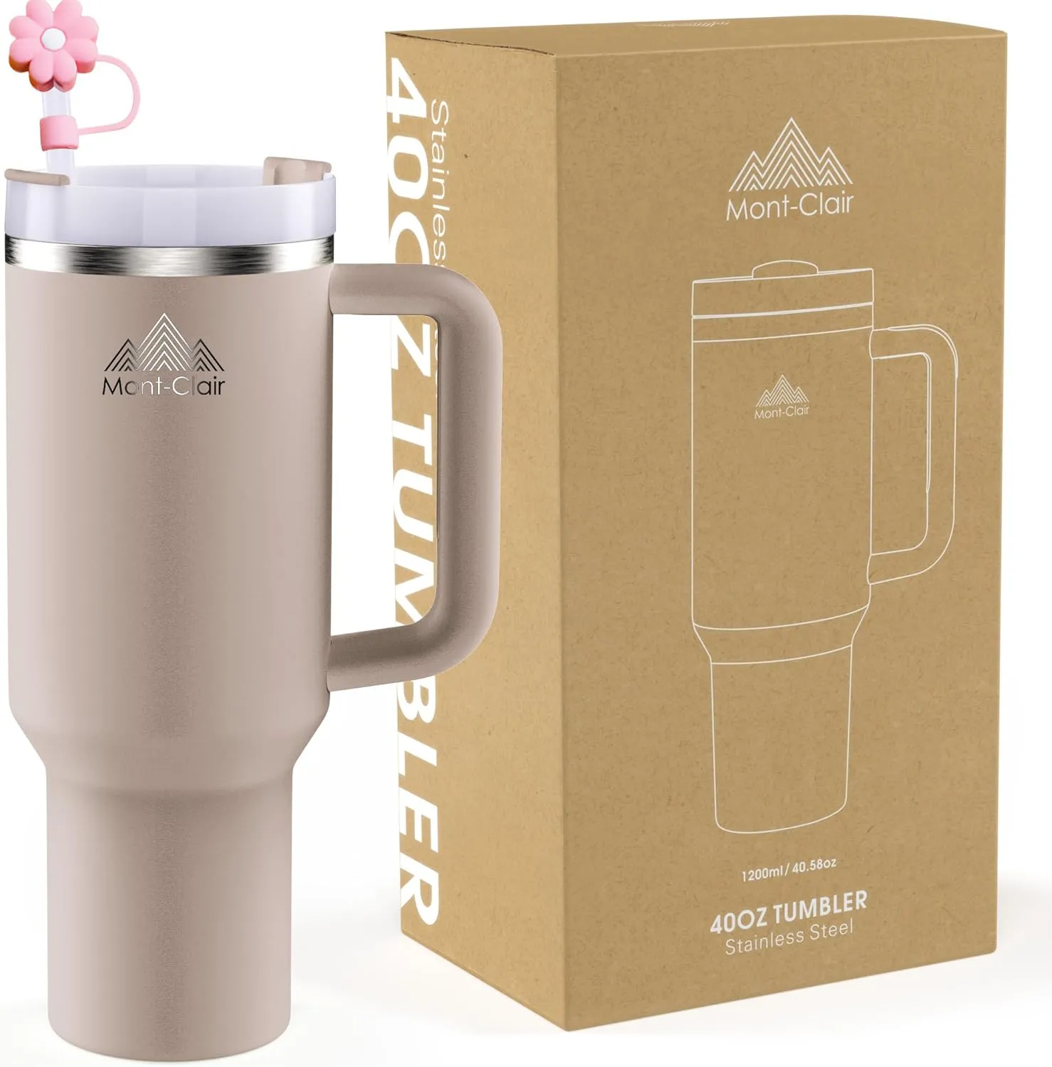 40oz Tumbler with Straw and Lid - Insulated Stainless Steel Travel Mug with Handle - Travel Mug - Hot & Cold Drinks - Cold or Hot for 10 hours - Iced for 48 hours - 1200ml -Almond
