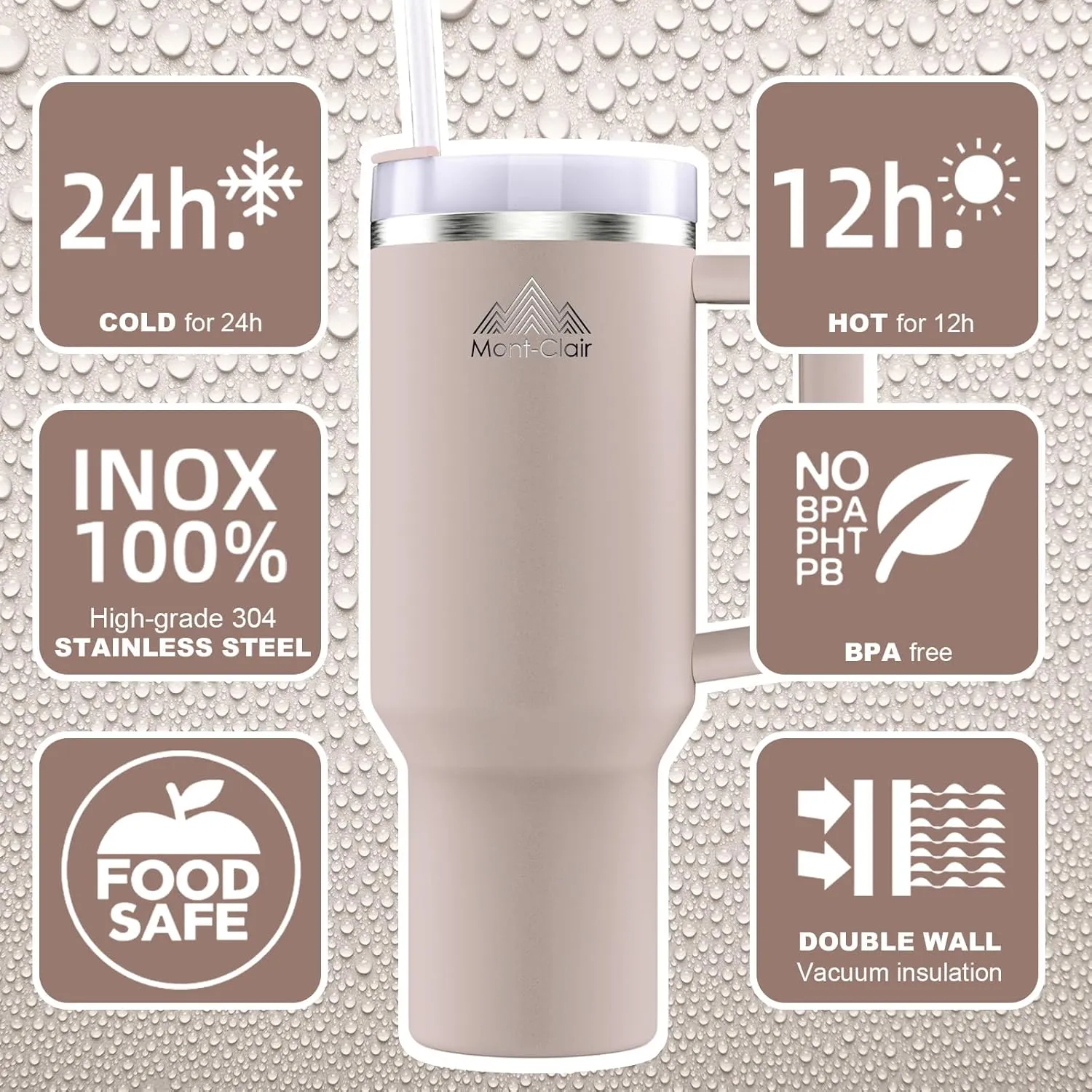 40oz Tumbler with Straw and Lid - Insulated Stainless Steel Travel Mug with Handle - Travel Mug - Hot & Cold Drinks - Cold or Hot for 10 hours - Iced for 48 hours - 1200ml -Almond