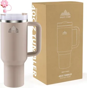40oz Tumbler with Straw and Lid - Insulated Stainless Steel Travel Mug with Handle - Travel Mug - Hot & Cold Drinks - Cold or Hot for 10 hours - Iced for 48 hours - 1200ml -Almond