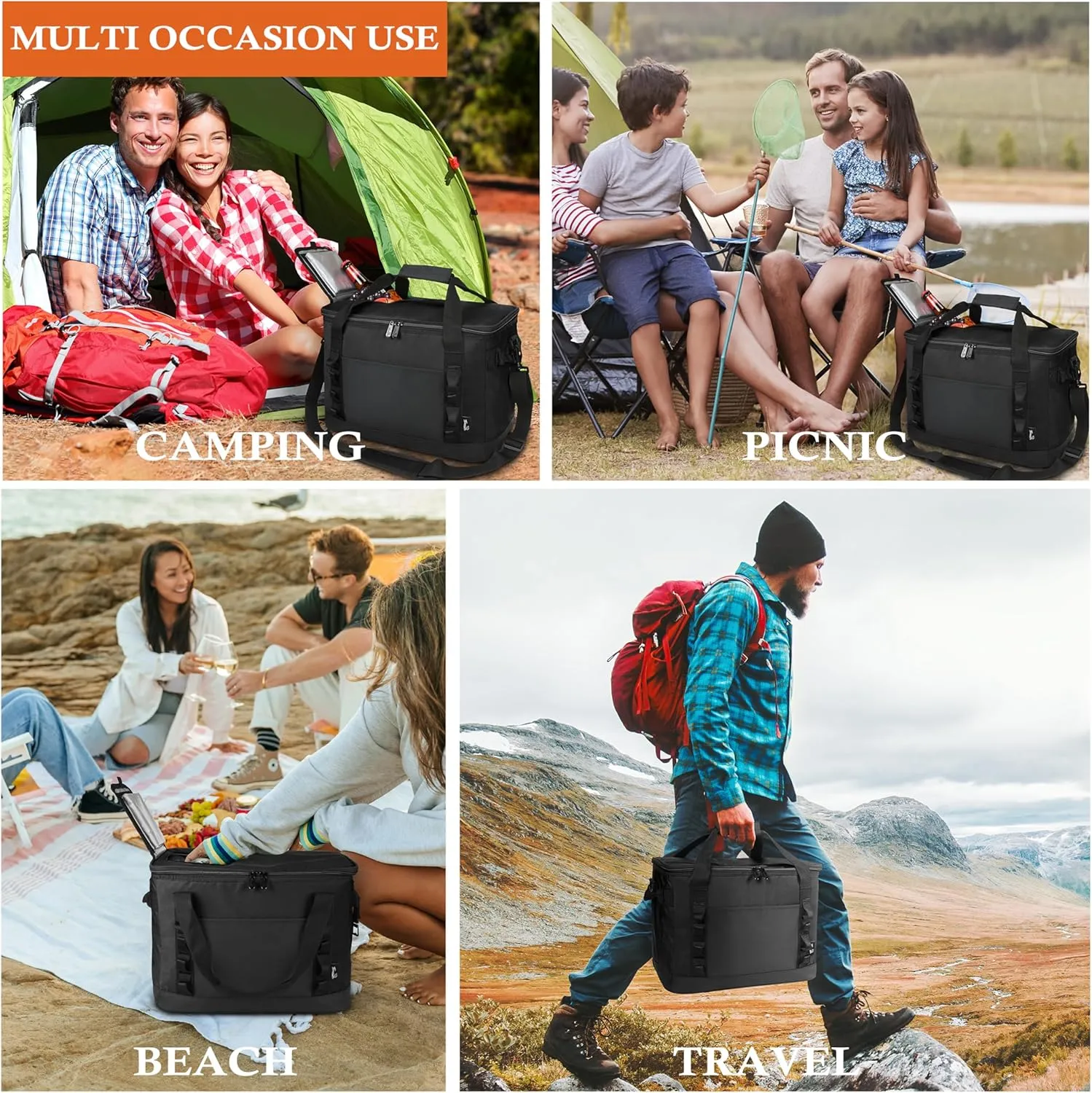 48 Cans Beach Cooler Bags, Large Collapsible Leakproof Soft Camping Coolers, Portable Insulated Beach Cooler Bags with Heavy-Duty Handles for Picnic, Beach, Camping