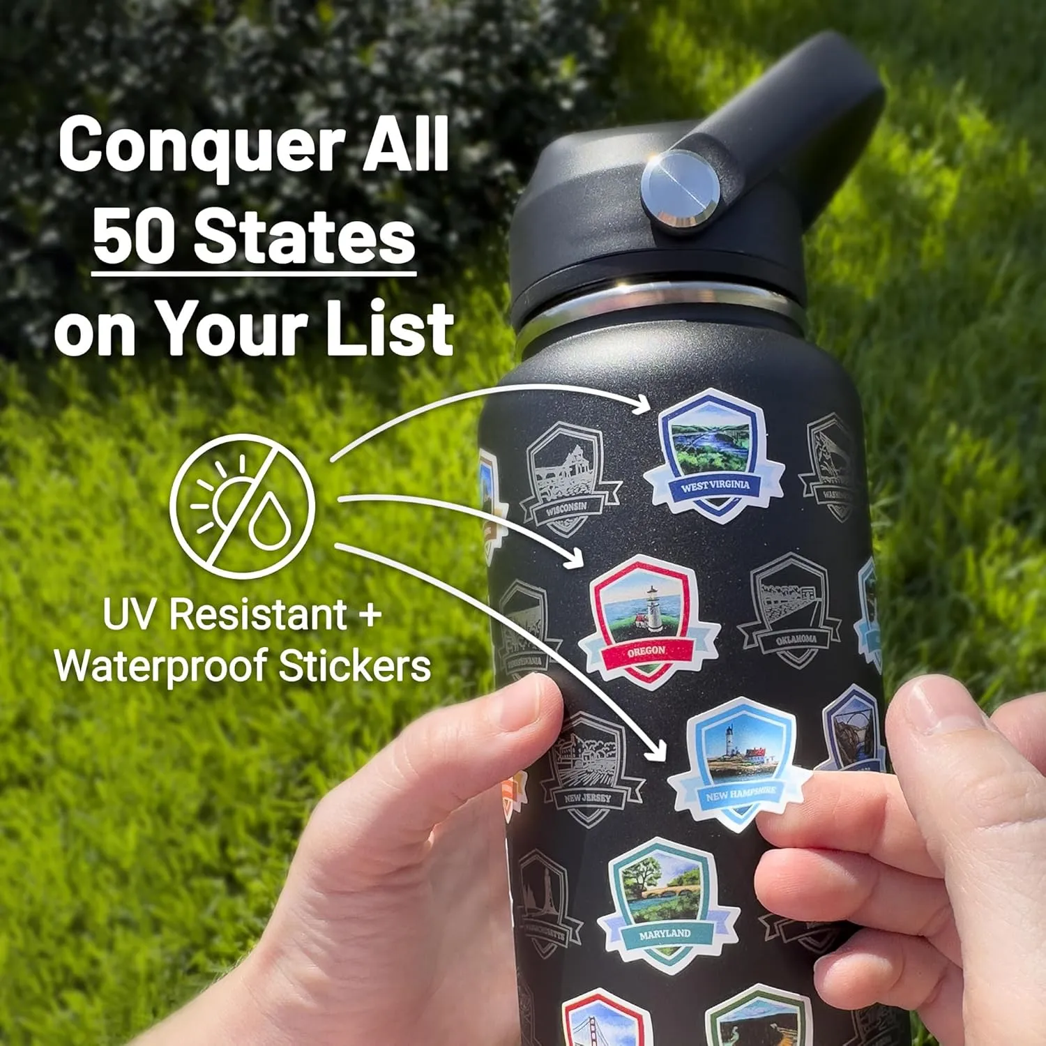 50 States Water Bottle with Stickers - 32 oz Insulated Stainless Steel, Upgraded Leak-Proof Lid, UV & Waterproof Permanent Stickers, Laser Engraved 50 States of the USA (Copper Glow)