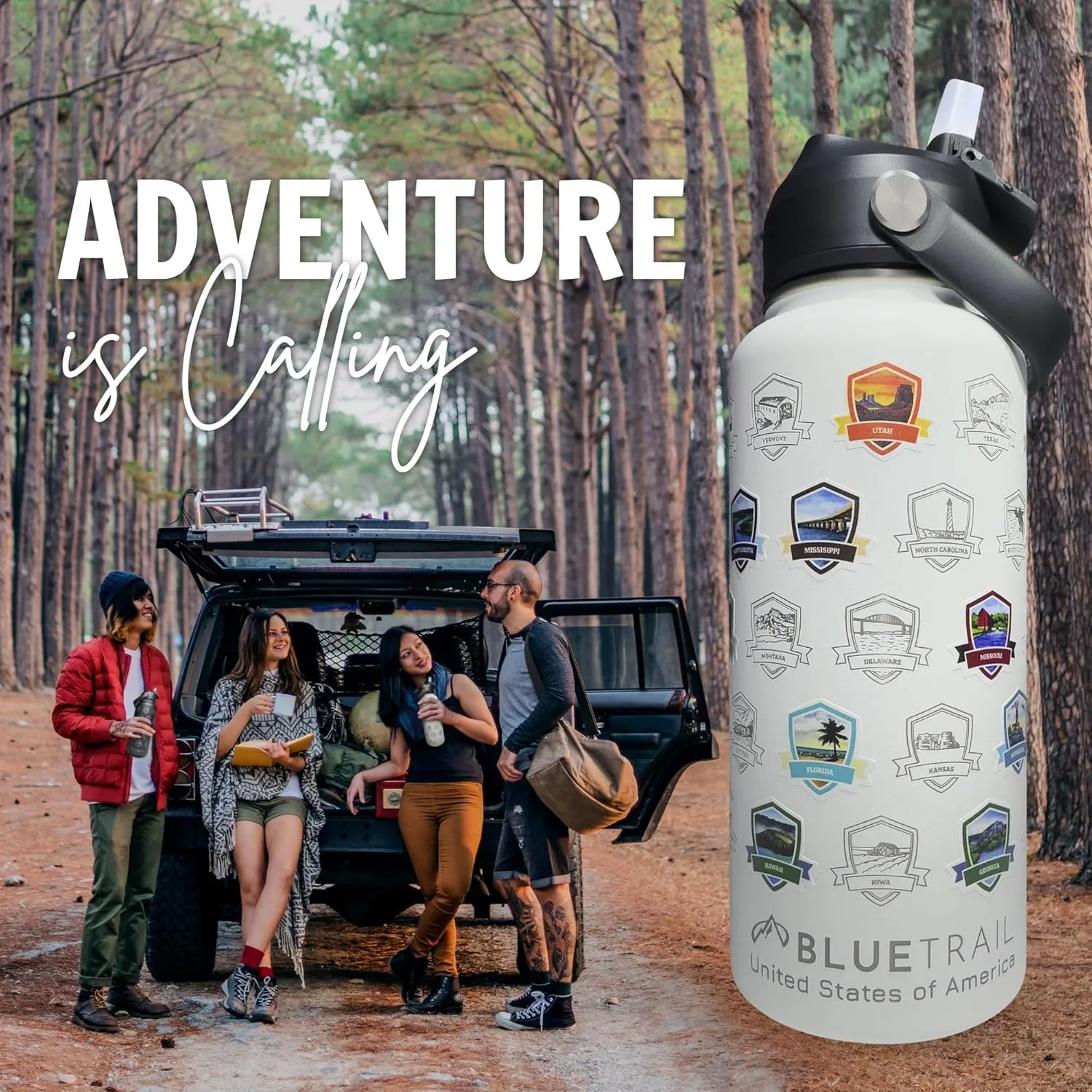 50 States Water Bottle with Stickers - 32 oz Insulated Stainless Steel, Upgraded Leak-Proof Lid, UV & Waterproof Permanent Stickers, Laser Engraved 50 States of the USA (Copper Glow)