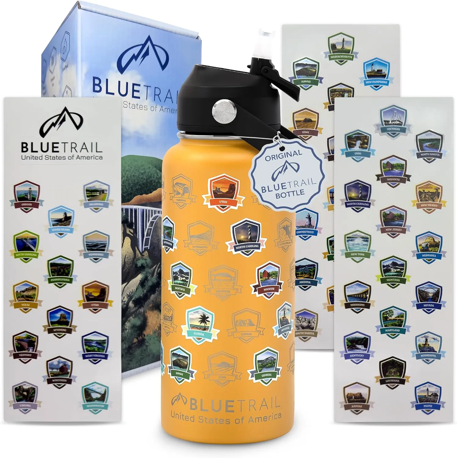 50 States Water Bottle with Stickers - 32 oz Insulated Stainless Steel, Upgraded Leak-Proof Lid, UV & Waterproof Permanent Stickers, Laser Engraved 50 States of the USA (Copper Glow)
