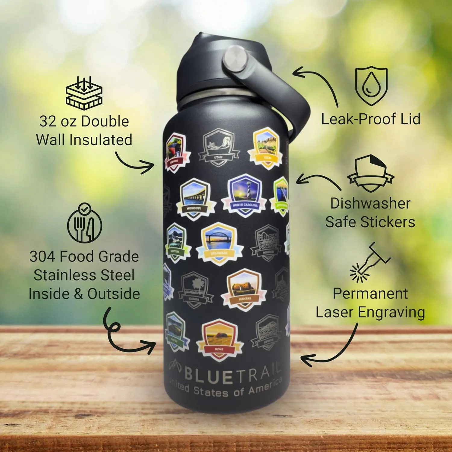 50 States Water Bottle with Stickers - 32 oz Insulated Stainless Steel, Upgraded Leak-Proof Lid, UV & Waterproof Permanent Stickers, Laser Engraved 50 States of the USA (Copper Glow)