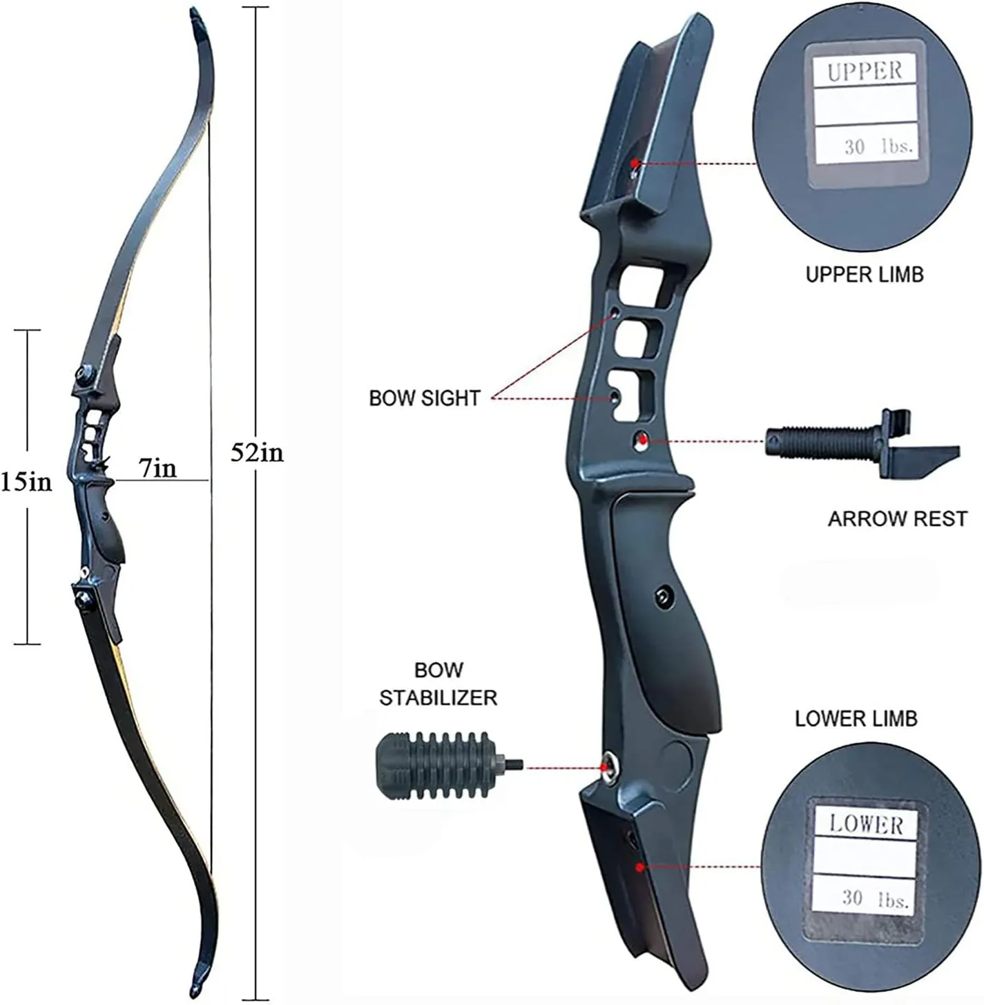52" Archery Bow and Arrow for Adults Takedown Recurve Bow Survival Bow Hunting Longbow with Arrows Quiver Metal Riser Right Hand for Target Shooting Practice