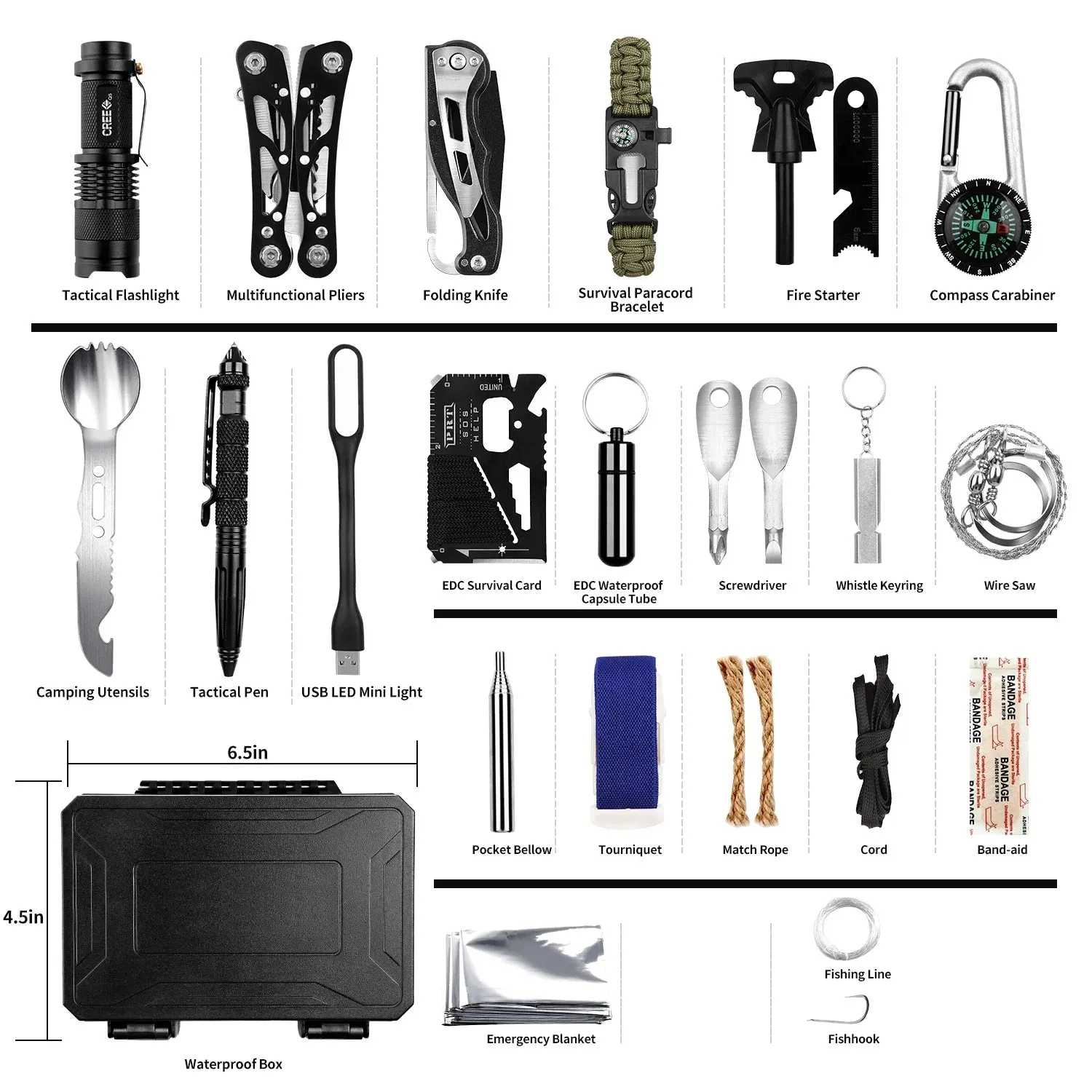 60 In 1 Multifunction Survival Kit Outdoor Emergency Camping Military Defense Equipment First Aid SOS for Wilderness Adventure
