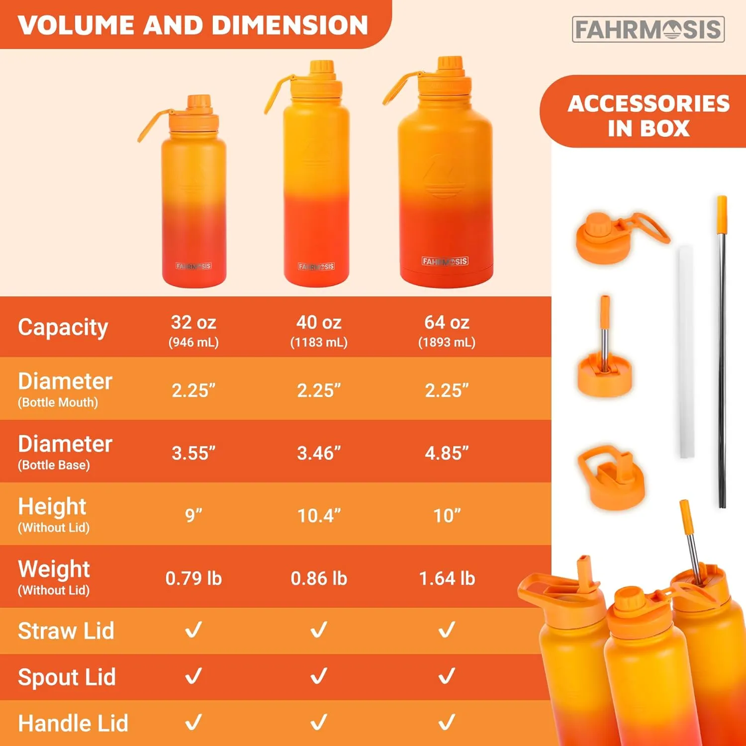 64 Oz Insulated Water Bottle with Strap Stainless Steel Sports Water Bottle with 3 Lids (Straw, Chug and Flip Lid) Leak Proof Metal Half Gallon Jug for Men & Women - Orange Fusion