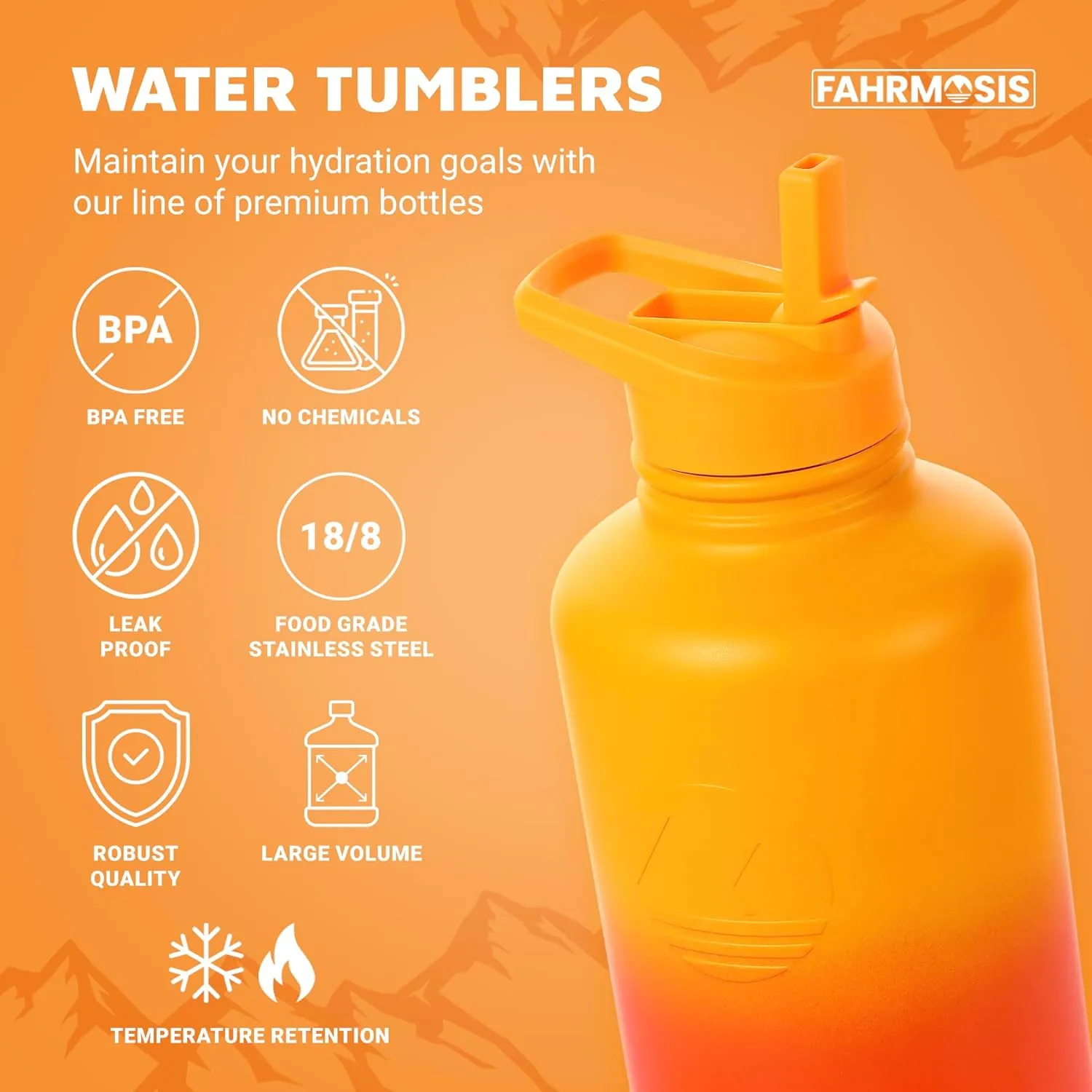 64 Oz Insulated Water Bottle with Strap Stainless Steel Sports Water Bottle with 3 Lids (Straw, Chug and Flip Lid) Leak Proof Metal Half Gallon Jug for Men & Women - Orange Fusion