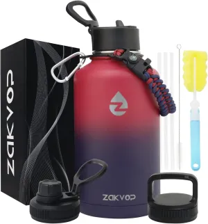 64 oz Insulated Water Bottle with Straws&3 Lids, ZAKVOP Half Gallon Water Bottle Stainless Steel Double Walled, Big Water Jug with Paracord Handle, Large Metal Water Bottle for Gym