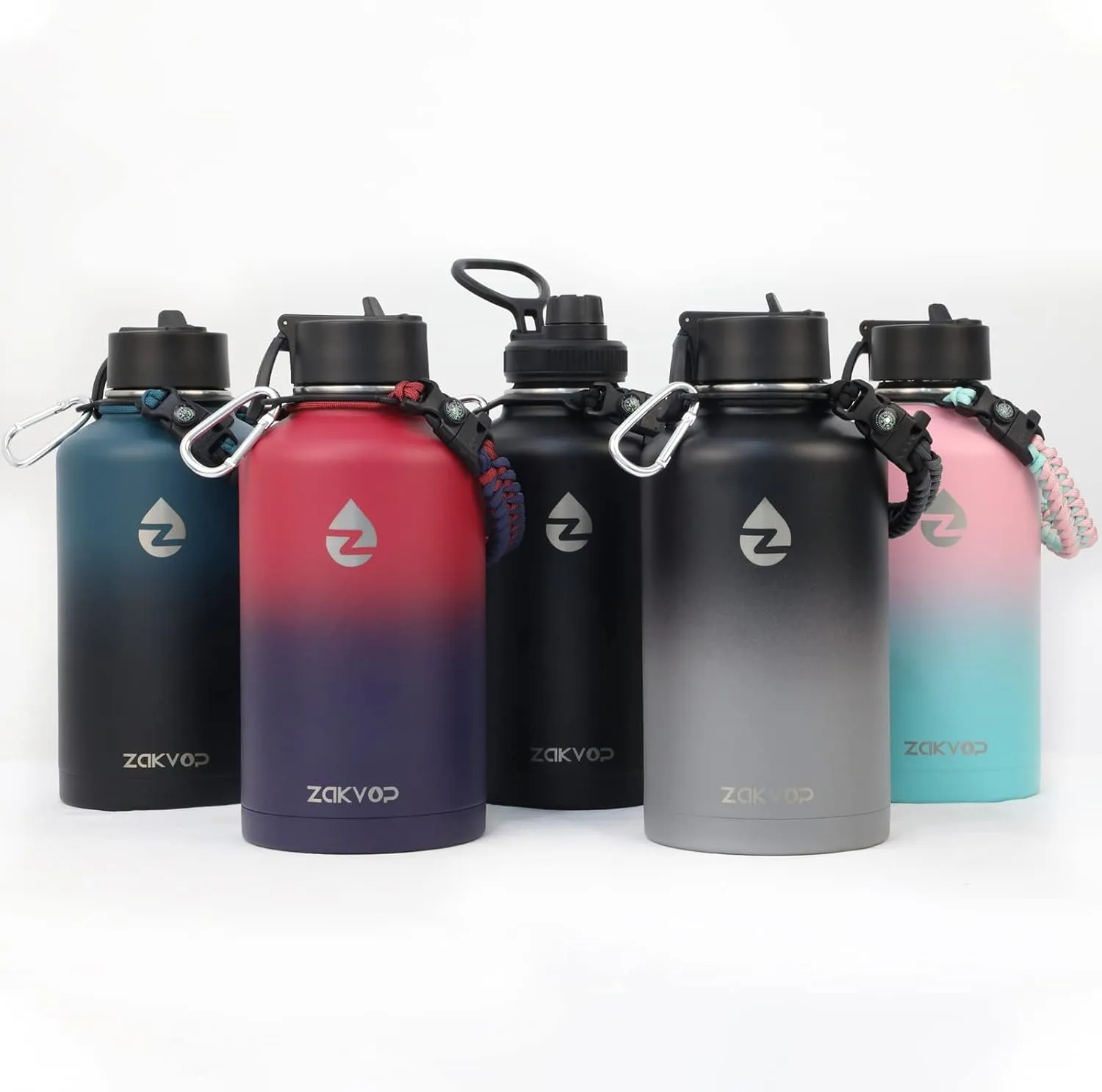 64 oz Insulated Water Bottle with Straws&3 Lids, ZAKVOP Half Gallon Water Bottle Stainless Steel Double Walled, Big Water Jug with Paracord Handle, Large Metal Water Bottle for Gym