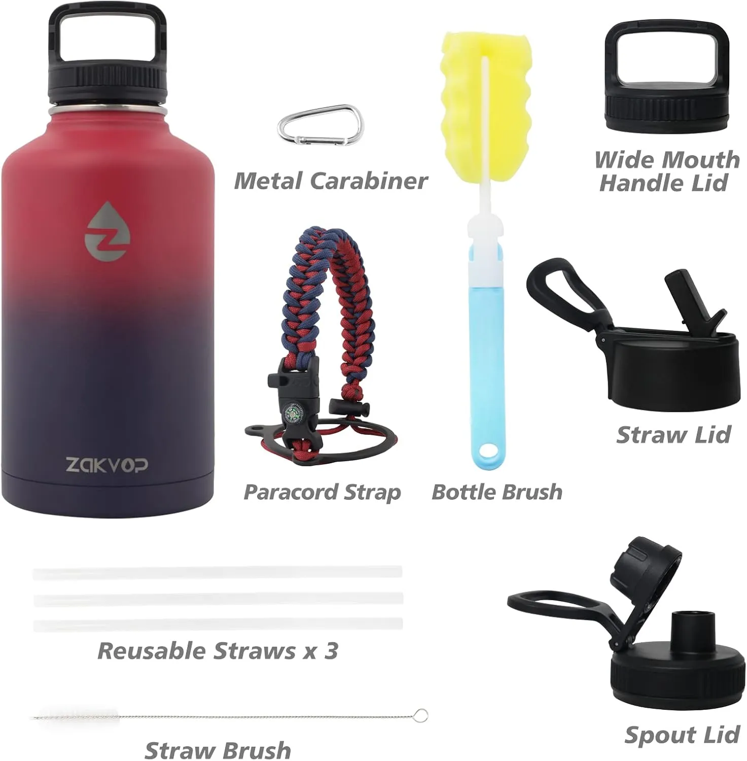 64 oz Insulated Water Bottle with Straws&3 Lids, ZAKVOP Half Gallon Water Bottle Stainless Steel Double Walled, Big Water Jug with Paracord Handle, Large Metal Water Bottle for Gym