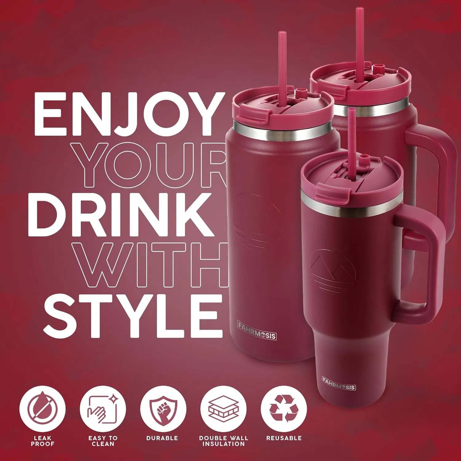 64 Oz Tumbler with Handle and Straw Half Gallon Water Bottle Stainless Steel Travel Mug for Hot & Cold Drinks, Reusable Water Bottle with Lids and Straw - Red