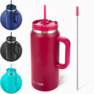 64 Oz Tumbler with Handle and Straw Half Gallon Water Bottle Stainless Steel Travel Mug for Hot & Cold Drinks, Reusable Water Bottle with Lids and Straw - Red
