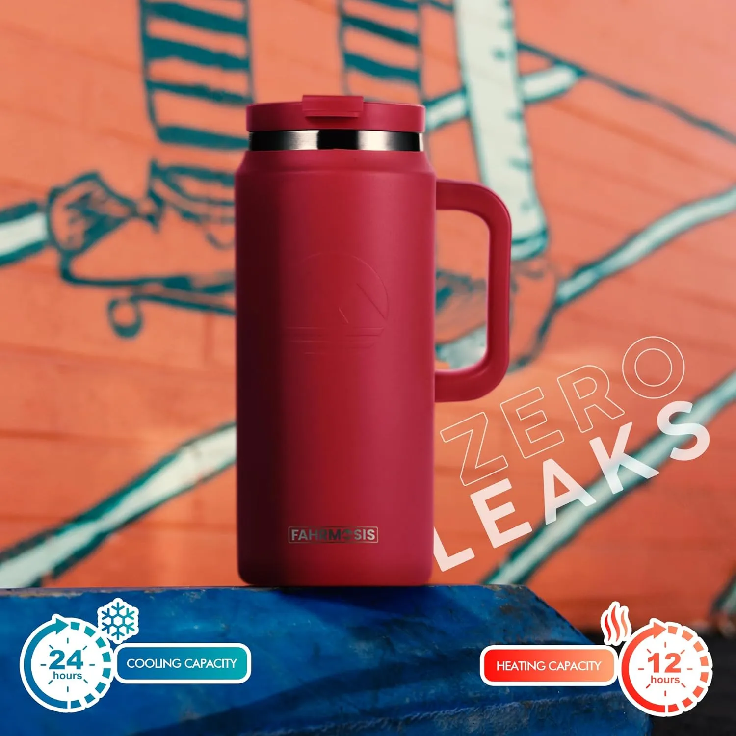 64 Oz Tumbler with Handle and Straw Half Gallon Water Bottle Stainless Steel Travel Mug for Hot & Cold Drinks, Reusable Water Bottle with Lids and Straw - Red