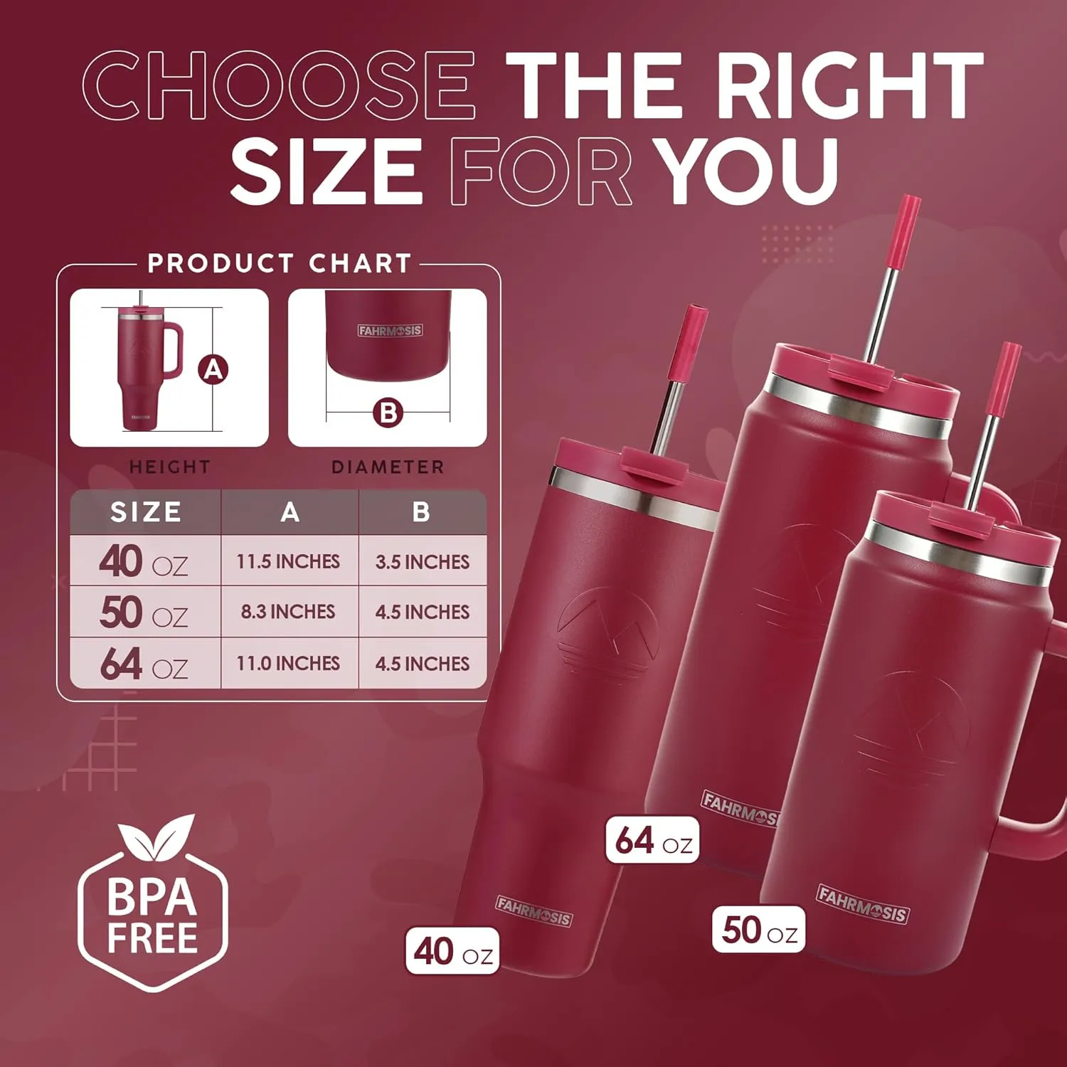 64 Oz Tumbler with Handle and Straw Half Gallon Water Bottle Stainless Steel Travel Mug for Hot & Cold Drinks, Reusable Water Bottle with Lids and Straw - Red