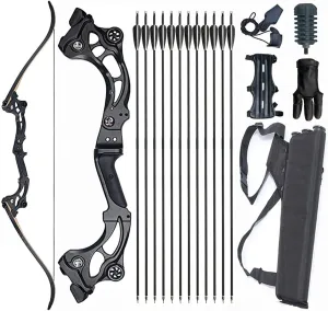 64" Recurve Bow and Arrows Set for Adults Archery Takedown Bow Survival Bow Hunting Longbow Metal Riser Right Hand for Target Shooting Practice