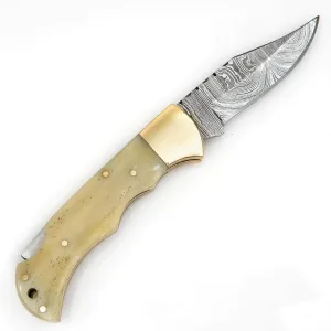 6.5" 6.5 inch Damascus Pocket Knife with Sheath, Handmade Folding Pocket Knife for Men, Bone Handle with Brass Bolster, Secure Lock Back Camping Knife for EDC, Hunting, Hiking