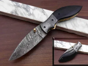 7.5" Folding Knife, 3.5" Legal Hand Forged Twist Pattern Damascus Steel Blade, Black & White Scales Available, Pocket Knife, Liner Lock & Thumb knob Equipped, Cow Hide Leather Sheath Included