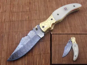 7.5" Folding Knife, 3.5" Legal Hand Forged Twist Pattern Damascus Steel Blade, Bull Horn Scale with Engraved Brass Bolster, Pocket Knife, Liner Lock & Thumb knob Equipped, Cow Hide Leather Sheath