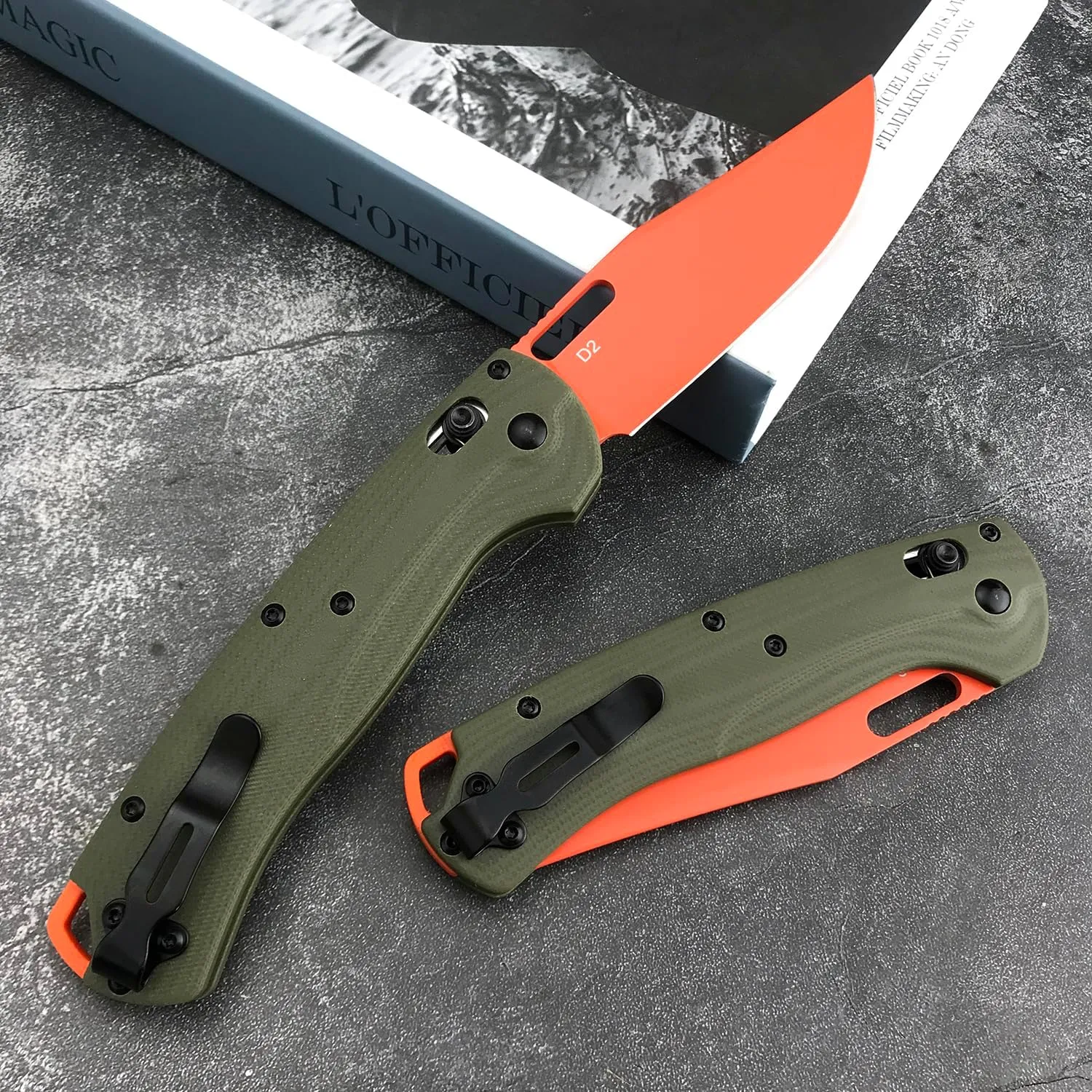 8 In Folding Pocket Bugout knives, Axis Lock Knife, Thumb Hole Manual Open Hunting Knife, D2 Orange Blade, Carbon Fiber Handles With Pocket Clip for Outdoors, Camping
