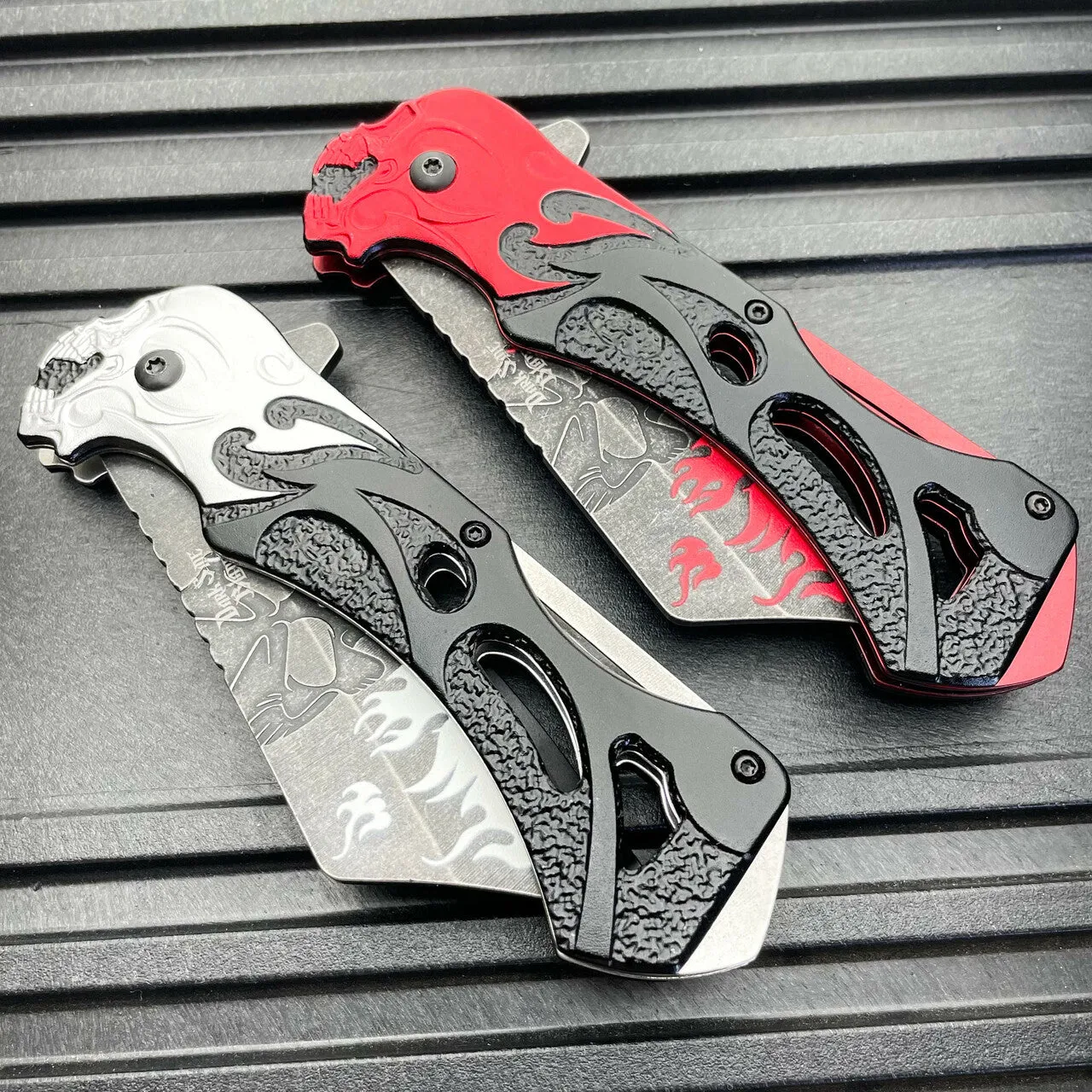 8.25" Skull Flame Spring Assisted Cleaver Blade FOLDING POCKET KNIFE Stonewash