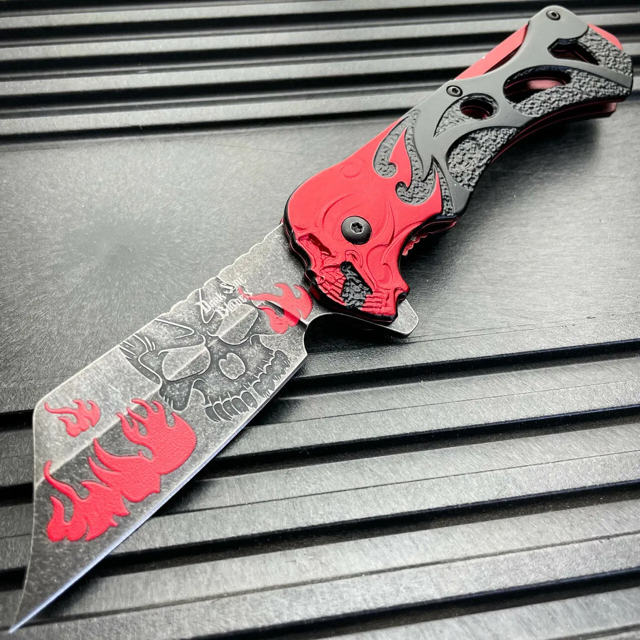 8.25" Skull Flame Spring Assisted Cleaver Blade FOLDING POCKET KNIFE Stonewash