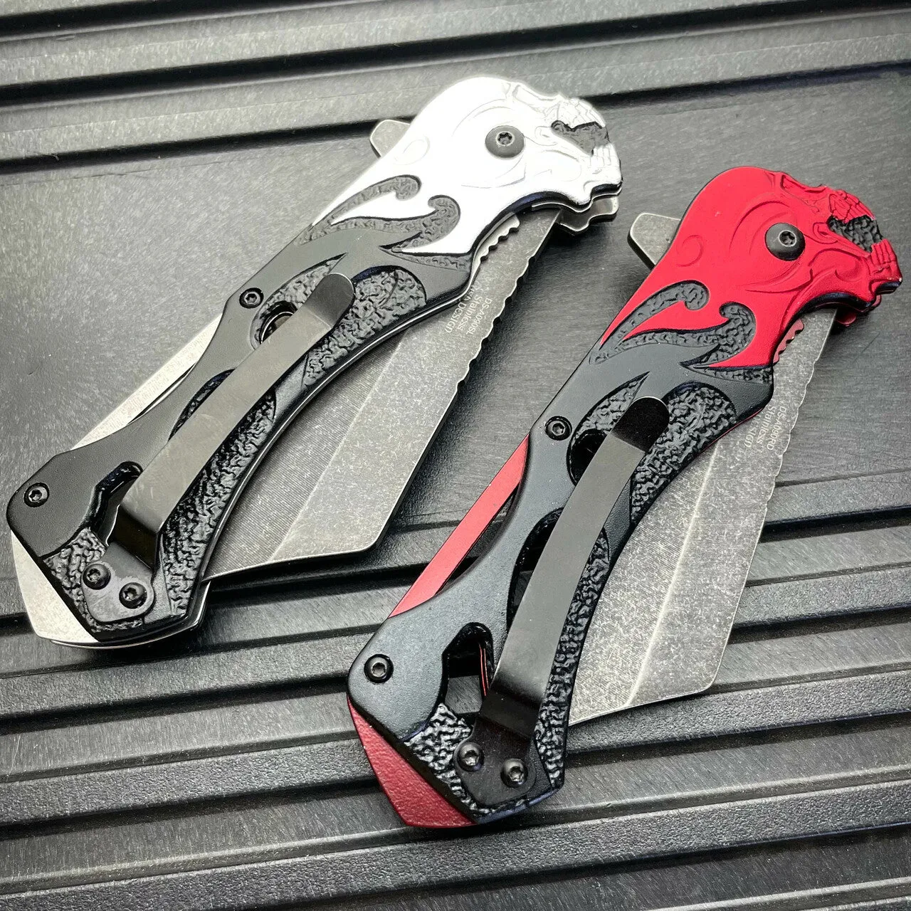 8.25" Skull Flame Spring Assisted Cleaver Blade FOLDING POCKET KNIFE Stonewash