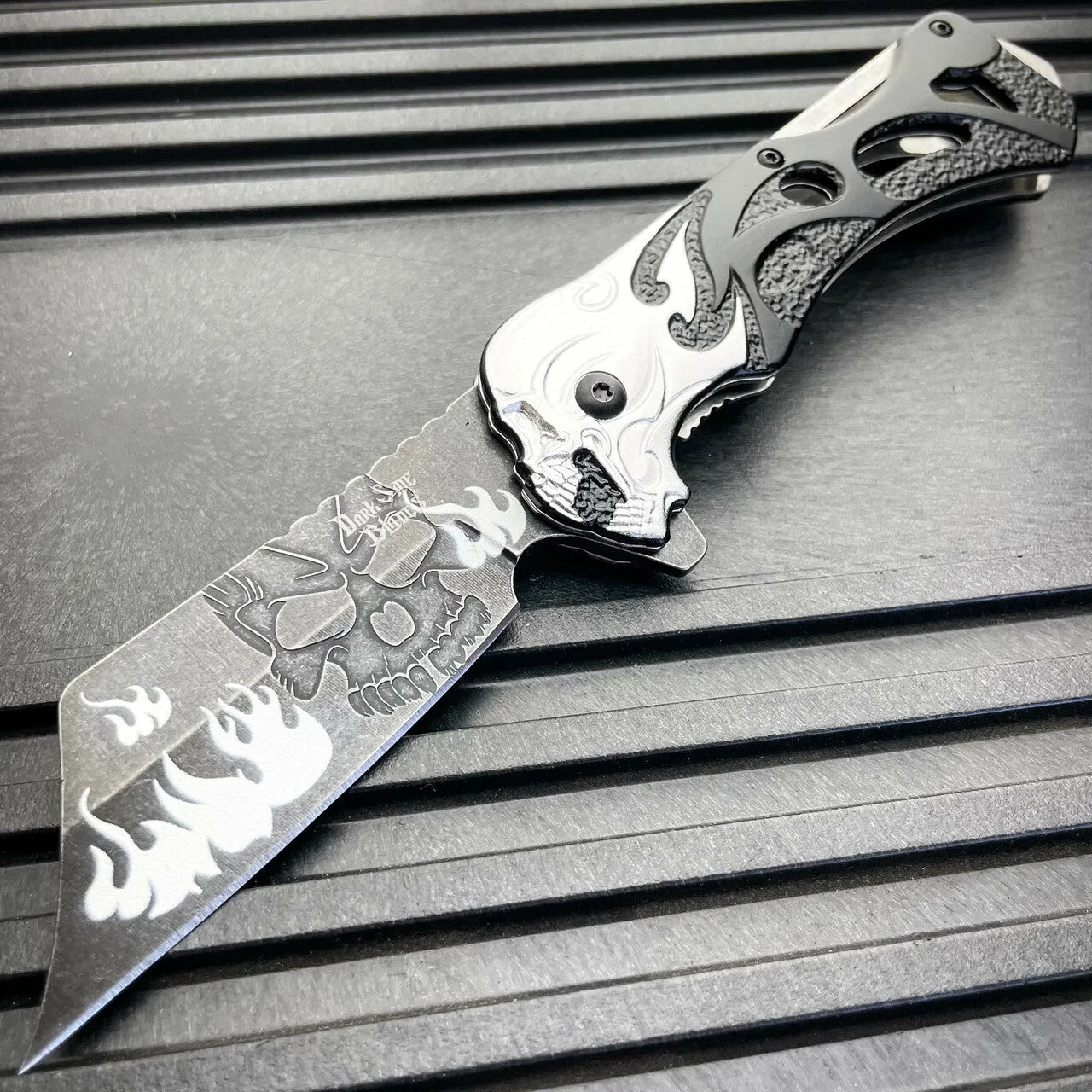 8.25" Skull Flame Spring Assisted Cleaver Blade FOLDING POCKET KNIFE Stonewash