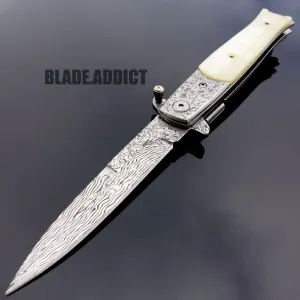 8.5" Damascus Classic Italian Stiletto Spring Assisted Open Pocket Knife Pearl