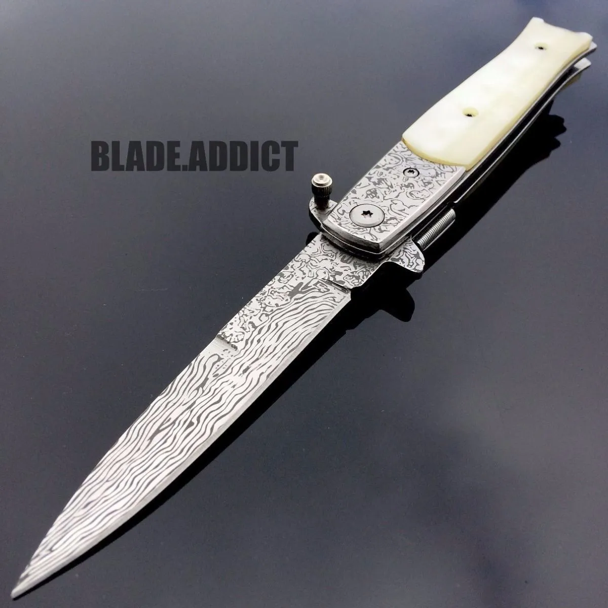 8.5" Damascus Classic Italian Stiletto Spring Assisted Open Pocket Knife Pearl