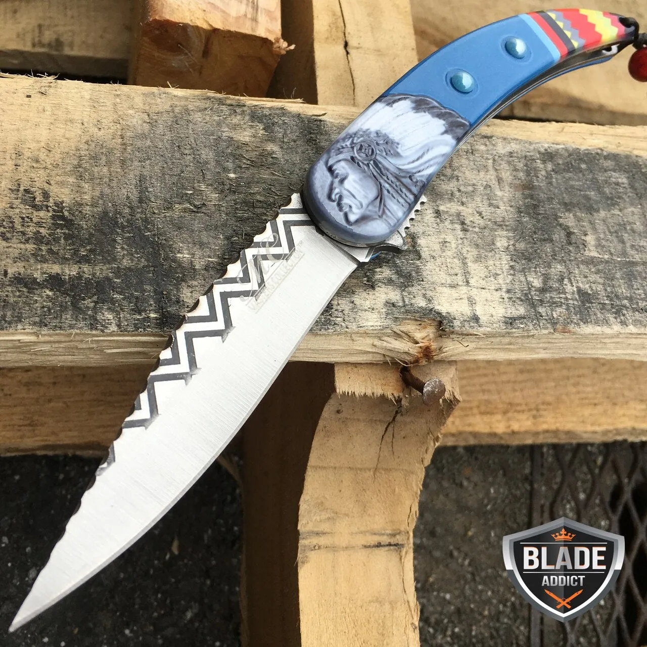 8.5" Native American Indian Spring Assisted Open Folding Pocket Knife BLUE EDC