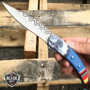 8.5" Native American Indian Spring Assisted Open Folding Pocket Knife BLUE EDC