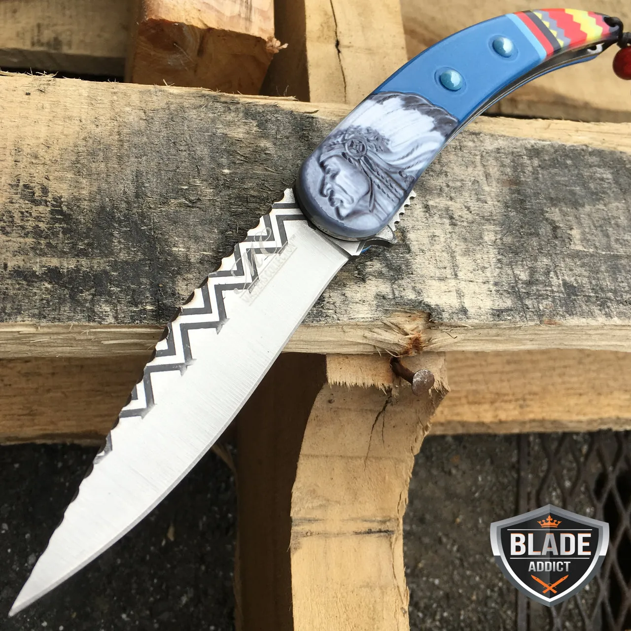 8.5" Native American Indian Spring Assisted Open Folding Pocket Knife BLUE EDC