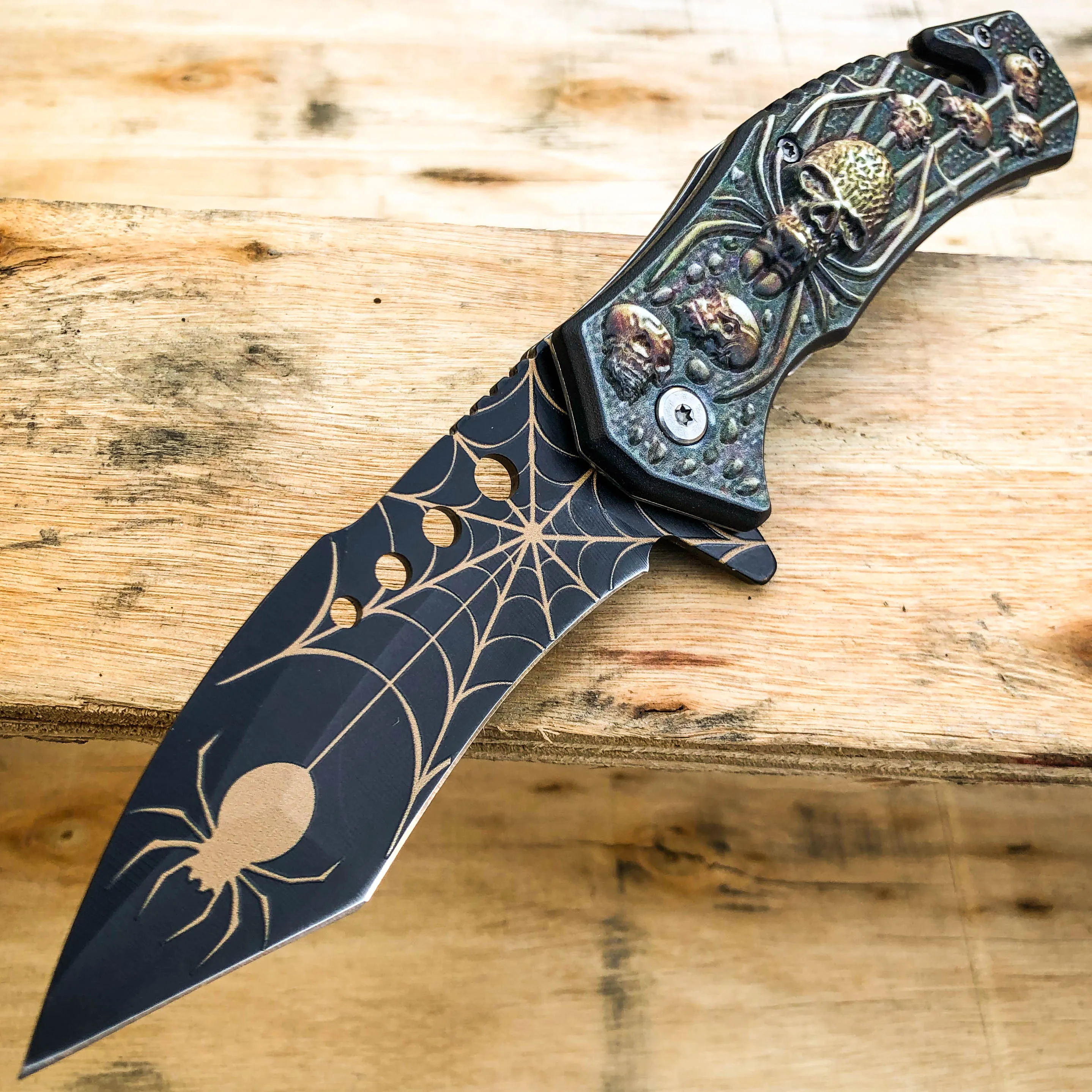 8.5" Spider Skull Spring Open Assisted Folding Pocket Knife Military Tactical