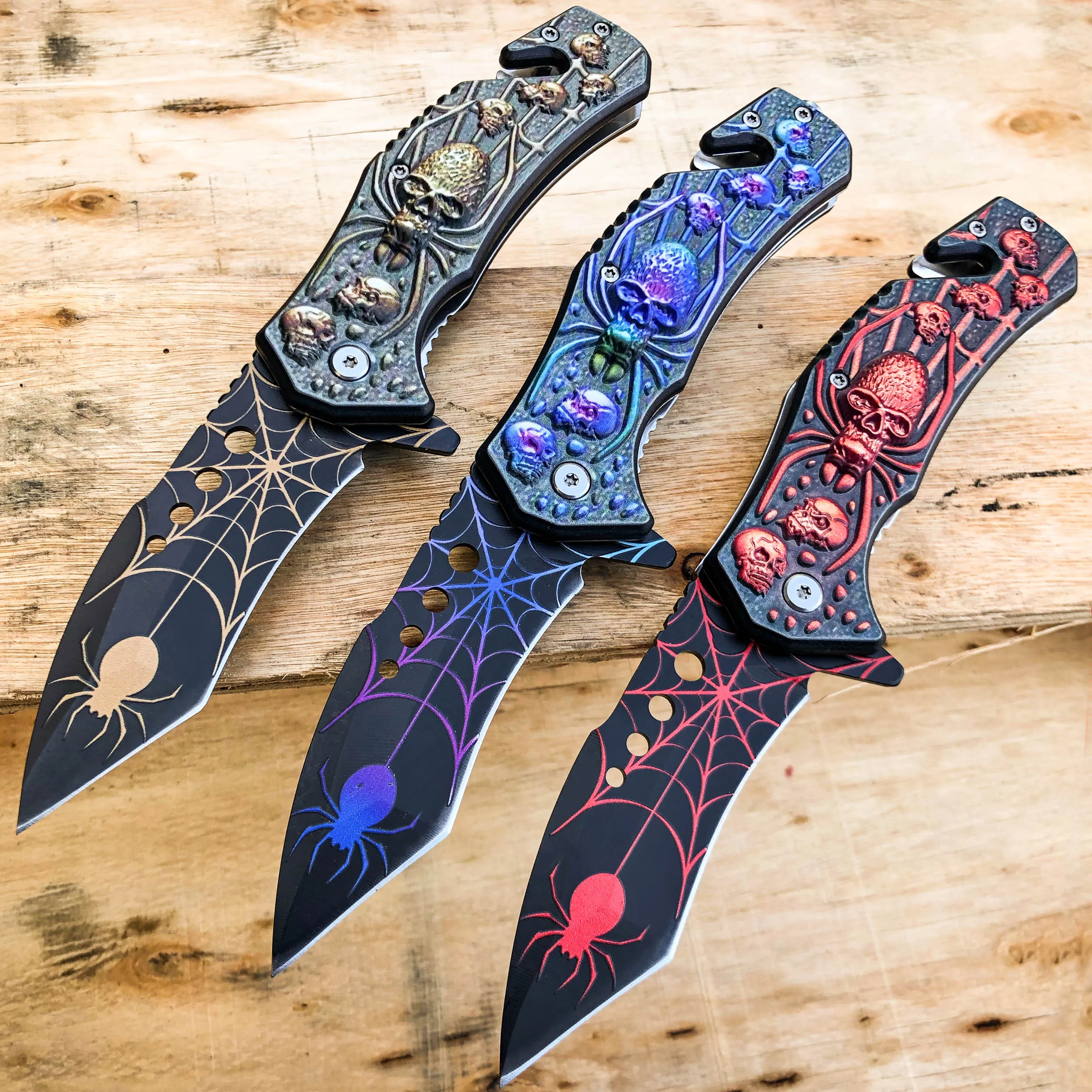 8.5" Spider Skull Spring Open Assisted Folding Pocket Knife Military Tactical