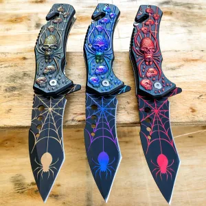 8.5" Spider Skull Spring Open Assisted Folding Pocket Knife Military Tactical