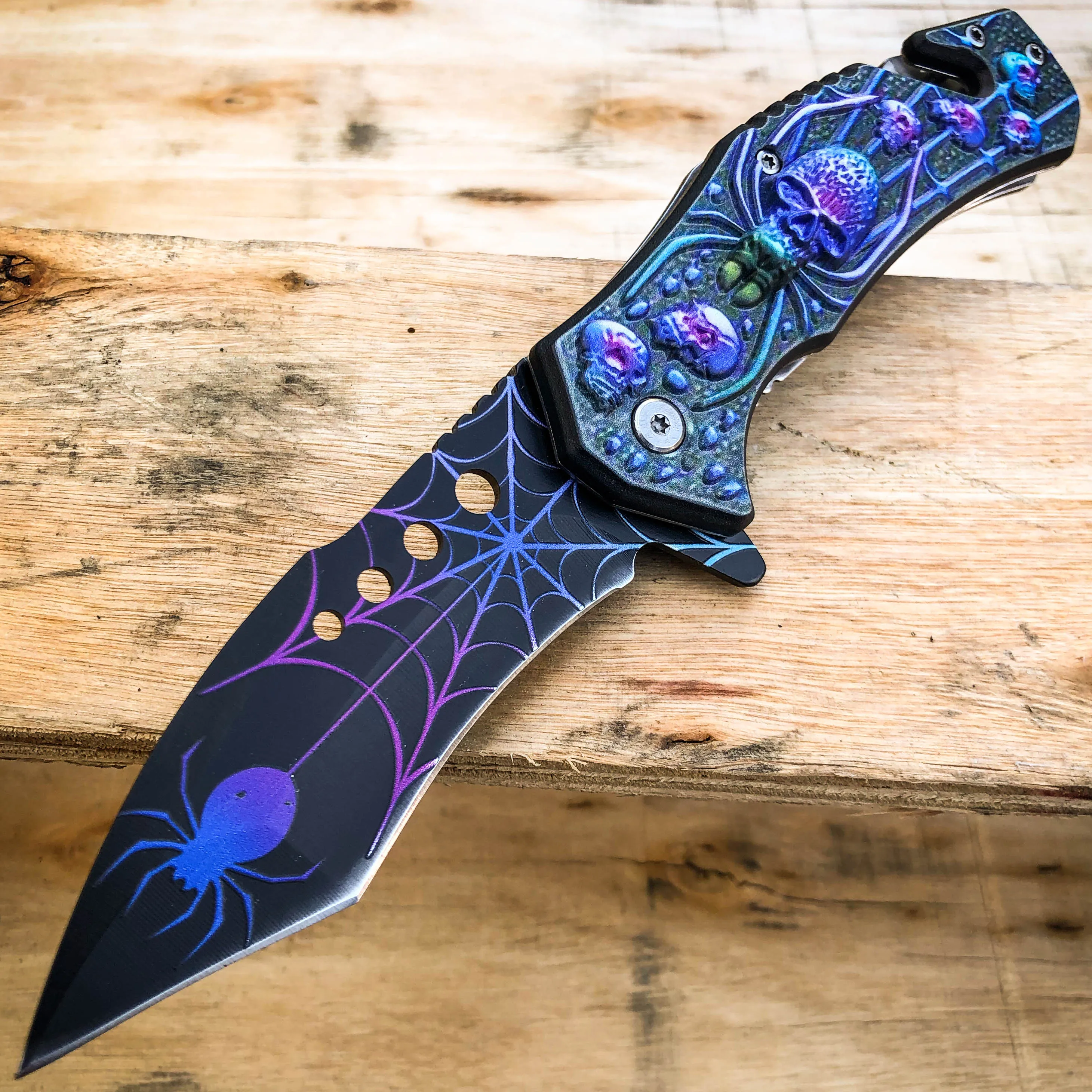 8.5" Spider Skull Spring Open Assisted Folding Pocket Knife Military Tactical
