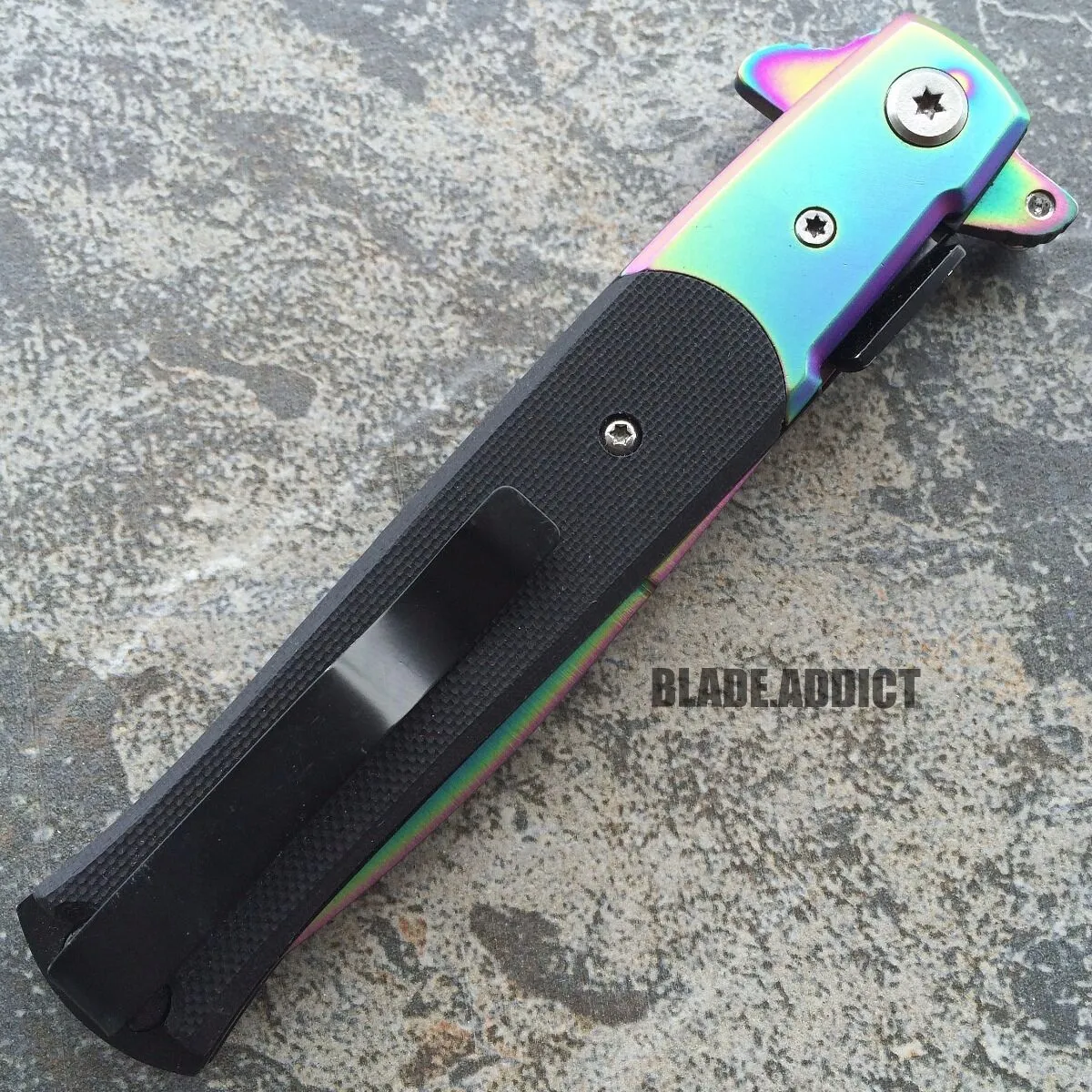 8.5" TAC FORCE STILETTO SPRING ASSISTED TACTICAL POCKET KNIFE Blade Rainbow Open