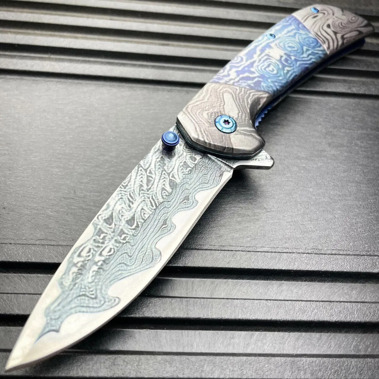 8" Heavy Titanium Damascus Etched Stainless Steel Spring Assisted Pocket Knife