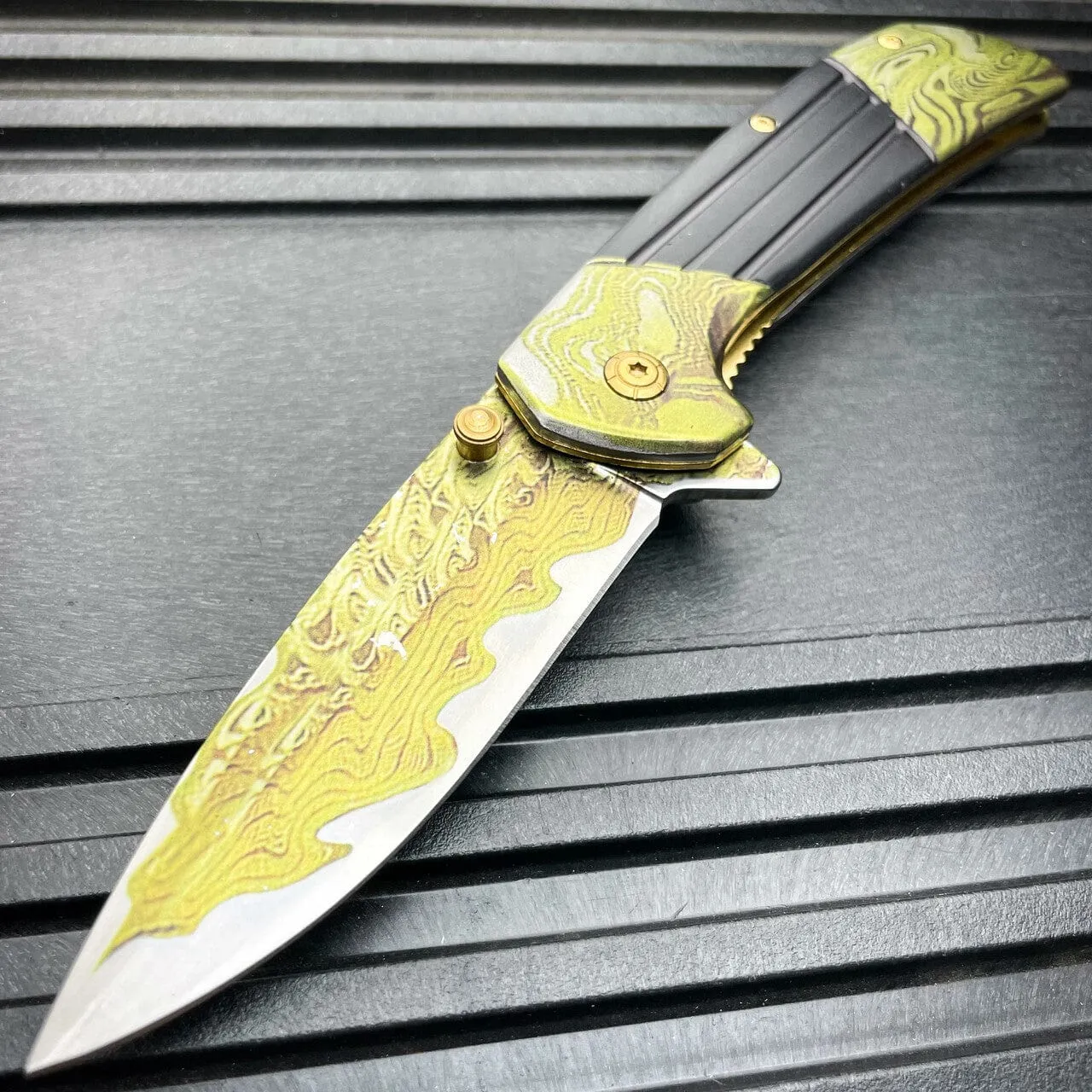 8" Heavy Titanium Damascus Etched Stainless Steel Spring Assisted Pocket Knife