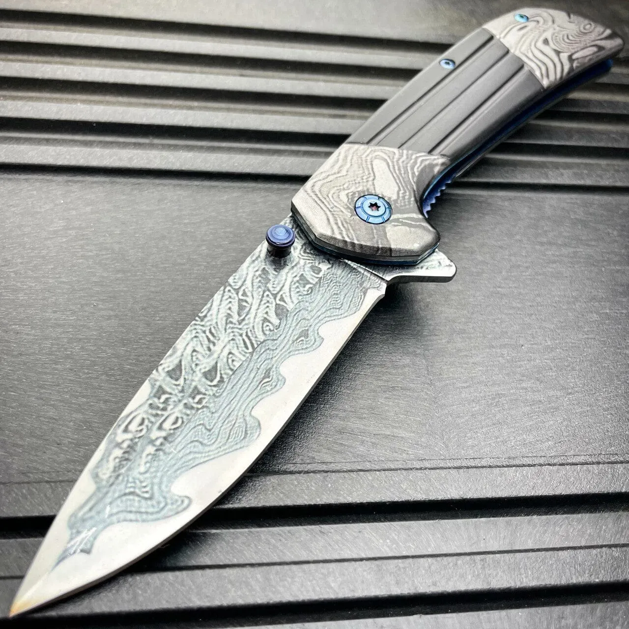 8" Heavy Titanium Damascus Etched Stainless Steel Spring Assisted Pocket Knife