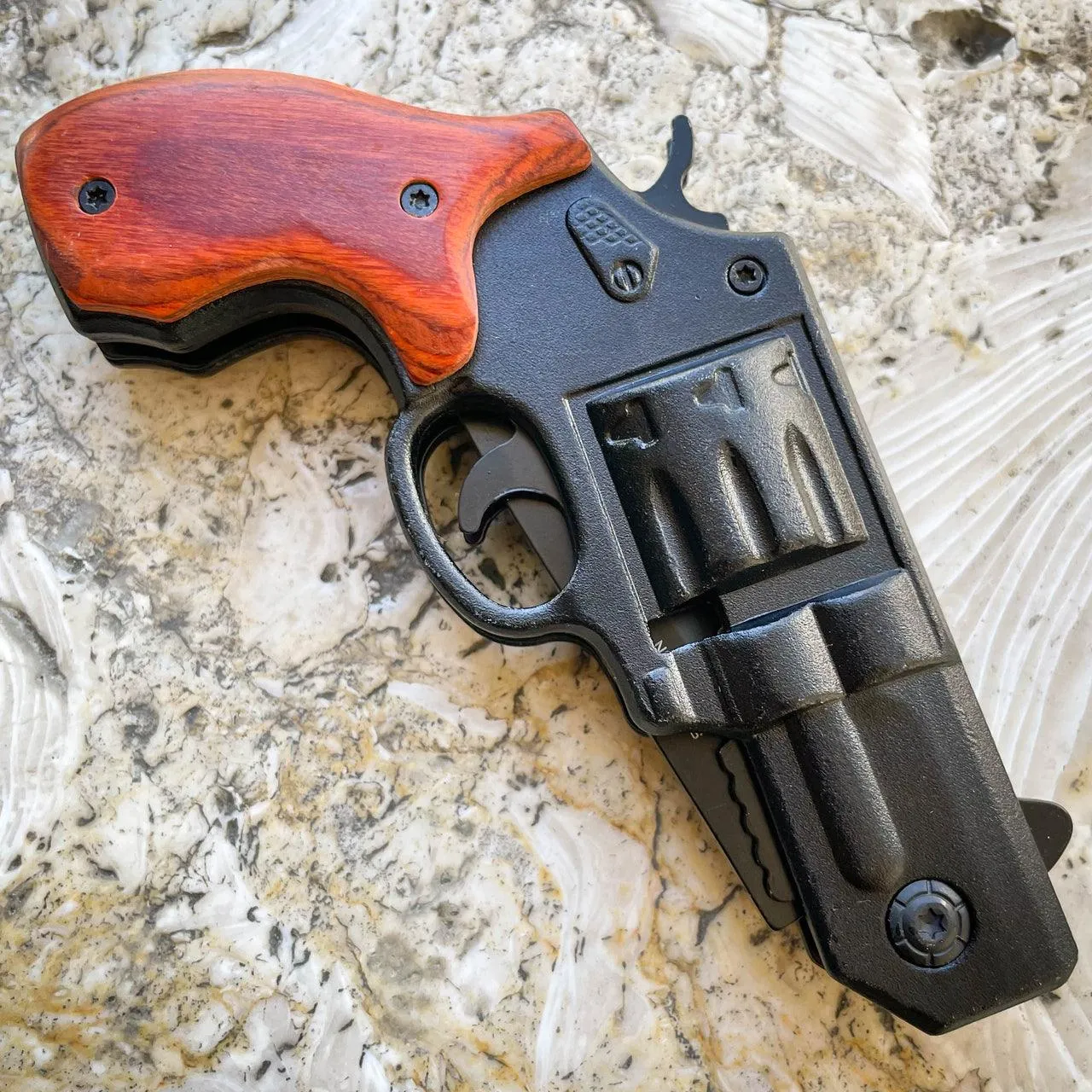 8" Tactical HAND PISTOL Revolver Gun Metal Folding Assisted WOOD Pocket Knife